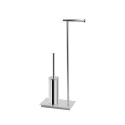 Chrome toilet paper and brush holder with an L-shaped arm and a square base.