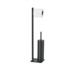 Matte black toilet paper and brush holder. Vertical design with a stable base.