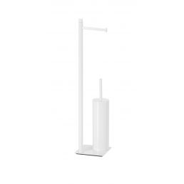 White toilet paper and brush holder, minimalist metal frame and ceramic base.