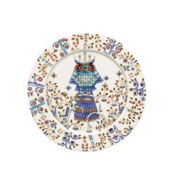 27 cm vit Iittala Taika-tallrik med en färgglad och mystisk djurillustration samt dekorativt mönster längs kanten.