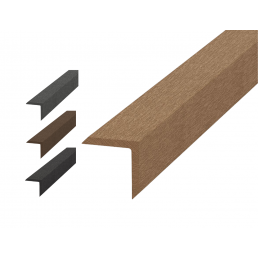 Ruskea L-muotoinen kulmalista, koko 4200x40x40 mm, komposiittimateriaalia. Kuvassa myös musta ja harmaa vaihtoehto.