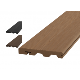 Puumuovikomposiittilauta, koko 4200x150x20 mm, puukuvioitu pinta, värit ruskea, musta ja tummanruskea, uritettu alapuoli ja lukittava reunaprofiili.