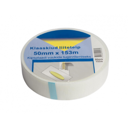 Valkoinen lasikuituliimateippi rullassa, kooltaan 50 mm x 153 m, pakkauksessa on tietoa käytöstä ja mitoista.