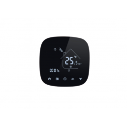 Musta Wi-Fi-termostaatti, jossa on soikea muotoilu, näyttää lämpötilan, ilmankosteuden ja muita antureita.