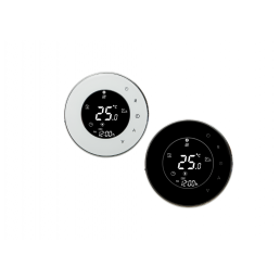 Kaksi pyöreää Termostaat Node Opus WI-FI 230V, 16A termostaattia, väriltään valkoinen ja musta, digitaalisilla lämpötila- ja kosteusnäytöillä.