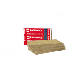 Bild av rektangulära gula stenullsskivor framför en rödvit Rockwool-förpackning. Skivorna är cirka 600x1000 mm stora.