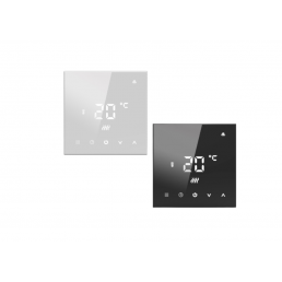 Kaksi Node Cube 230V, 16A termostaattia valkoisena ja mustana värivaihtoehtona, jossa on digitaalinen lämpötilanäyttö.