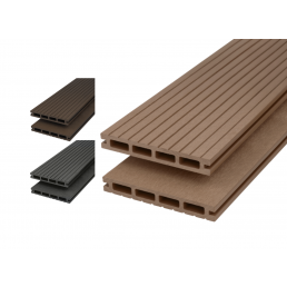 Brun ihålig träplastkomposit terrassbräda med räfflad yta, storlek 140x20 mm, bilden visar också svarta och gråa varianter.