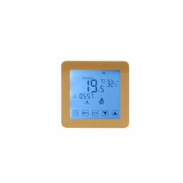 Kultainen kosketusnäytöllinen huonetermostaatti Node Next Gold, jossa on sinisellä taustavalaistu LCD-näyttö lämpötilan ja kosteustason näyttämiselle.