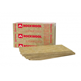 The package includes Rockwool Frontrock S mineral wool, with dimensions of 600x1000 mm, 4.8 m² per package. The plates are yellowish, and the package is red with a logo.