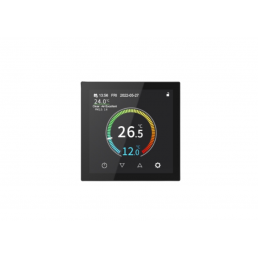 Musta termostaatti kosketusnäytöllä, WiFi-yhteys, näyttää lämpötilan ja kosteuden.