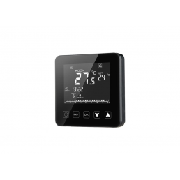 Musta kosketusnäyttöinen huonetermostaatti Node Next Night näyttää lämpötilan ja kosteuden.