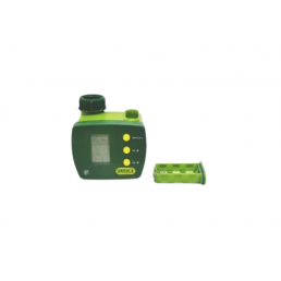 Grön timer för växthusbevattningssystem, kompakt design, LCD-skärm och knappar för att ställa in funktioner.