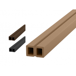 Ruskea suorakaiteen muotoinen WPC-aluslista, jossa on kaksi onteloa, koko 50x30 mm, kuvassa näkyy myös musta ja tummanruskea vaihtoehto.