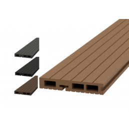 Ruskea puumuovikomposiittilauta, jossa on ontto profiili ja kapeat rinnakkaisurat pinnassa. Saatavilla myös mustana, mitat 4200x150x25 mm.