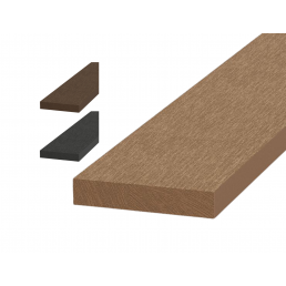 Rektangulär brädlist i träplastkomposit, brun, mått 4200x80x15 mm. Två färgalternativ visas uppe till vänster: brun och mörkgrå.