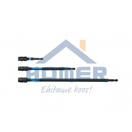 Kolme eri mittaista mustaa pikaistuketta sinisillä renkailla, asetettuna vaakasuoraan valkoiselle taustalle.