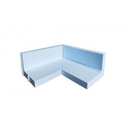 L-formad ljusblå hörnelement för grund, med jämna ytor och spår för tappfog, mått 400x500x1000 mm.