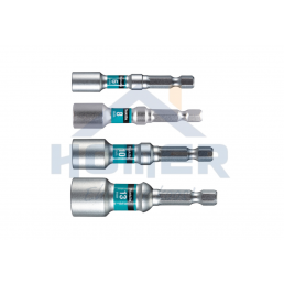 Neljä erikokoista hopeanväristä torsiohylsyä, joissa on värillinen merkintä ja kuusikulmainen varsi.