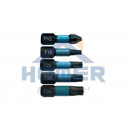 Viisi erilaista 25 mm ruuvimeisselin kärkeä, mustin ja sinisin merkinnöin; jokaisessa kärjessä on valkoinen merkintä: PH2, T15, T20, T25 ja T30.