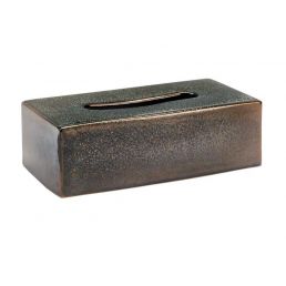 Rectangular tissue box in vintage bronze color with a smooth surface and a long oval opening on top for tissues.