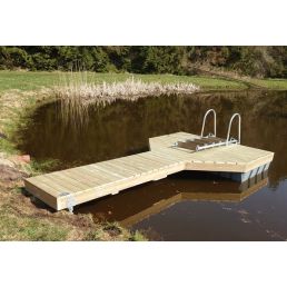 Wooden swimming dock Shallow Swim ECO 4.4 m with a 5-step ladder, situated by a small pond.