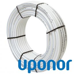 Valkoinen ja harmaa Uponor Comfort Pipe Plus -putkikela, mitoiltaan 14x2,0 mm, pituudeltaan 240 metriä.