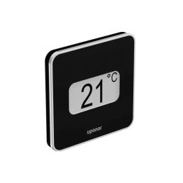 Musta Uponor Smatrix Wave langaton termostaatti, jossa on suuret harmaat numerot valkoisella näytöllä.