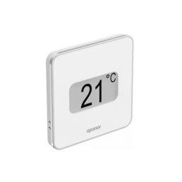 Valkoinen Uponor Smatrix Wave langaton termostaatti T-169, jossa on suuri digitaalinen lämpötilanäyttö.