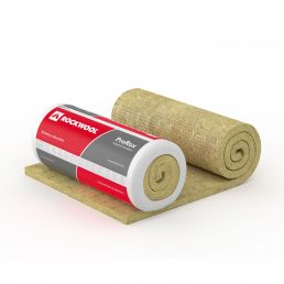 A rolled Rockwool Prorox 950 mineral wool mat with a red and white label, thickness 50-100mm, used for insulation.