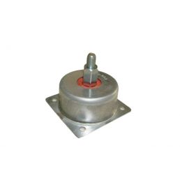 Metal vibration isolator base with a central shaft featuring a red tip and a mounting plate with four holes.