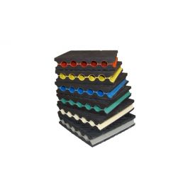 Black anti-vibration pads with colored edges. Designed for stable placement and vibration damping.