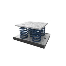 Gray metal frame and blue springs, intended for damping machine vibrations.