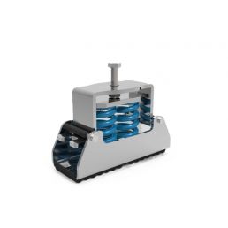 A gray vibration damper with an adjustable screw and blue details.