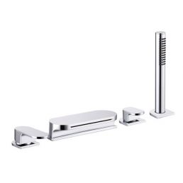 Kroomitud nelja auguga pinnapealne vannitoakraanikomplekt koos dušipeaga.