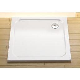 White, square shower tray, 900x900 mm, with a round drain located in the rear right corner. It features a smooth surface with slightly raised edges.