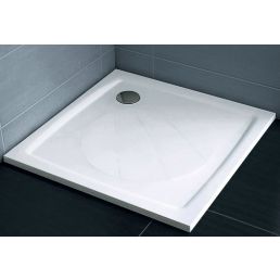 White, square Perseus Pro 90 shower tray with a central drain hole.
