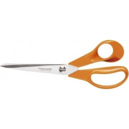 Orange Fiskars trädgårdssaxar, 21 cm, med ett vasst blad av rostfritt stål och ett ergonomiskt handtag.