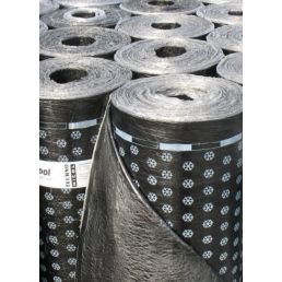 Black rolls of waterproof bitumen sheeting with patterns, approximately 1 meter wide, marked with a visible logo and information.