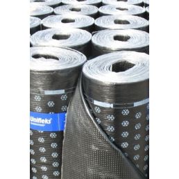 Multiple rolls of Aluskiht SBS Unifleks EPP, wrapped in black and white patterned plastic, label visible.