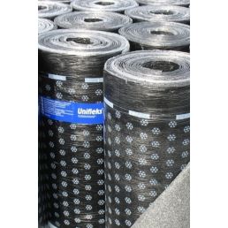 Black waterproof roofing material rolls from SBS Unifleks with gray patterns.