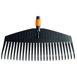 Stor lövräfsa i svart plast med orange anslutningsdetalj.