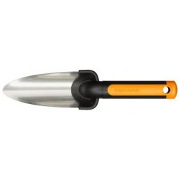 Stainless steel planting trowel with an orange and black handle.