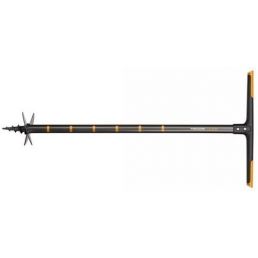 Svart teleskopisk jordborr med gult handtag.