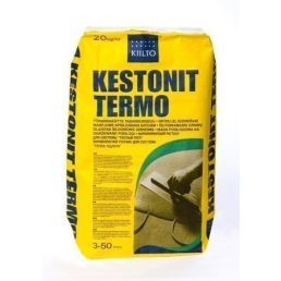 Gul 20 kg påse med texten 'Kestonit Termo' och Kiilto-logotyp samt en illustration av utjämningsmassa applicering.