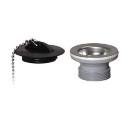 Svart gummiplugg med kedja och silverfärgad metallavloppsplugg.