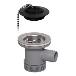 Silverfärgat avloppshus med anslutning för tvättmaskin och lock med kedja.