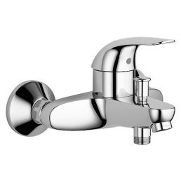 Chrome Grohe Start Eco bath mixer tap with side wall mounting brackets and a rounded design.