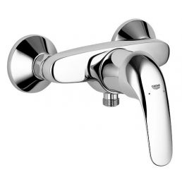 Wall-mounted Grohe Start Eco shower mixer with a chrome finish and rounded design.
