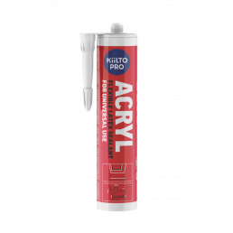 Kiilto Acryl 310 ml elastisk akrylmassa. Röd förpackning med produktinformation och logotyp på etiketten.